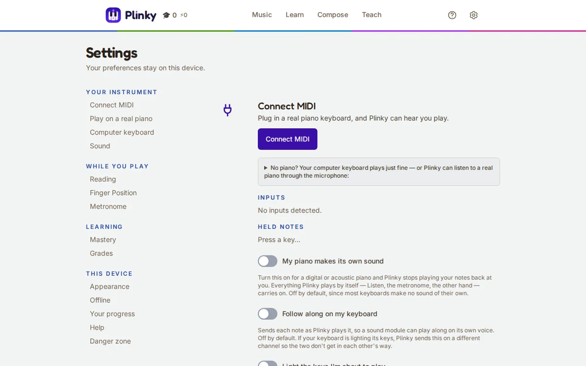 A screenshot of settings